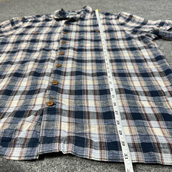 Duluth Trading Co Untucked Navy Plaid Short Sleeve Relaxed Fit Button Up Shirt - Picture 3 of 7